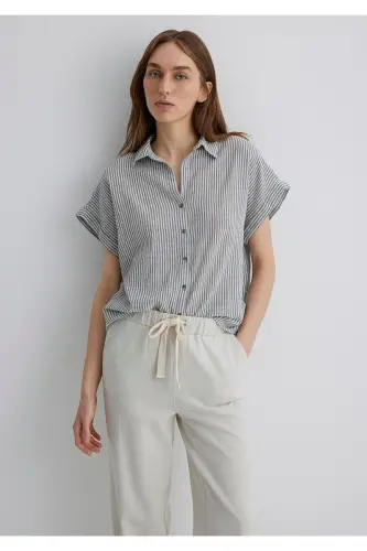 Короткий рукав в полоску серый рубашка Loose Fit / Свободный комфортный крой 1210445-89853 - Темно-синий-89853 