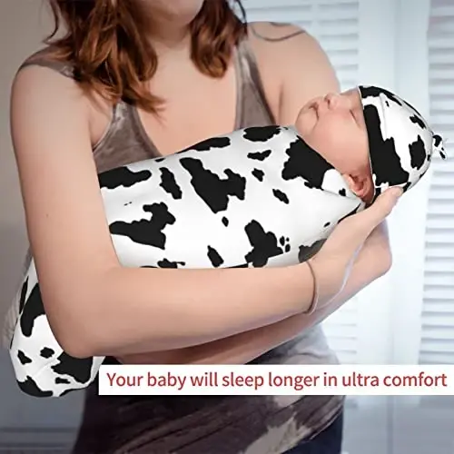 Cow Print Newborn Swaddle Blanket with Hat Set Baby Stuff Receiving Blankets Soft Transition Sleep Sacks Gifts for Infant Boys Girls - 6