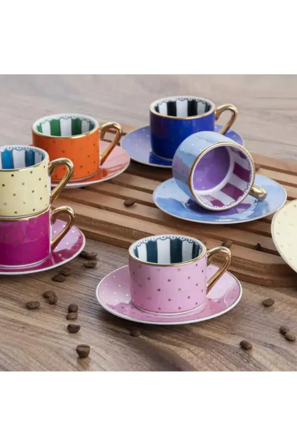 Kosava 6-Piece Porcelain Coffee Cup Set (Colorful-Dotted) - 1