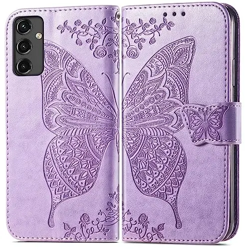 Кошелек-чехол для телефона Galaxy A14 5G, женский флип-чехол Folio с держателями для кредитных карт, тисненый искусственной кожей с бабочкой, подставка, ремешок для запястья, сумка-чехол для Samsung A14 5G 6,6 дюйма (лавандовый) - 2