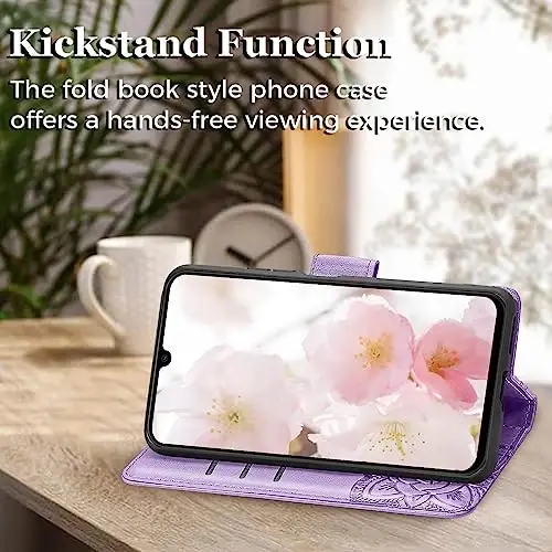 Кошелек-чехол для телефона Galaxy A14 5G, женский флип-чехол Folio с держателями для кредитных карт, тисненый искусственной кожей с бабочкой, подставка, ремешок для запястья, сумка-чехол для Samsung A14 5G 6,6 дюйма (лавандовый) - 3