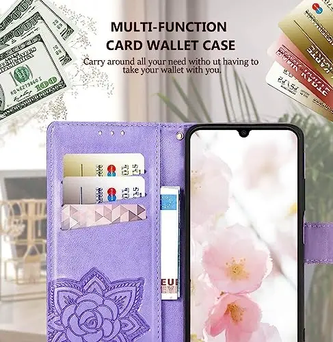 Кошелек-чехол для телефона Galaxy A14 5G, женский флип-чехол Folio с держателями для кредитных карт, тисненый искусственной кожей с бабочкой, подставка, ремешок для запястья, сумка-чехол для Samsung A14 5G 6,6 дюйма (лавандовый) - 4