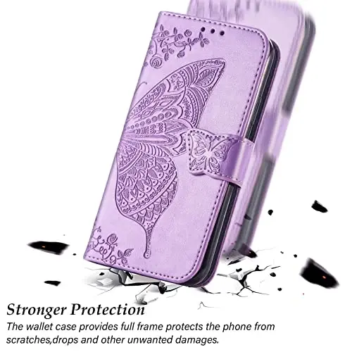 Кошелек-чехол для телефона Galaxy A14 5G, женский флип-чехол Folio с держателями для кредитных карт, тисненый искусственной кожей с бабочкой, подставка, ремешок для запястья, сумка-чехол для Samsung A14 5G 6,6 дюйма (лавандовый) - 5