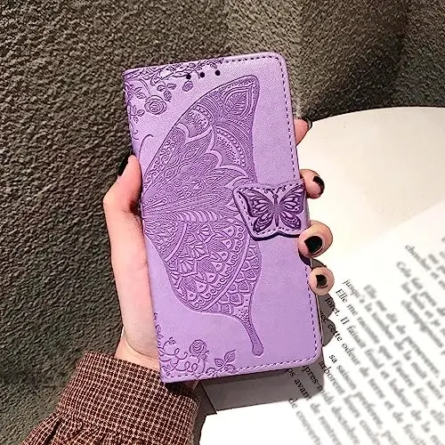 Кошелек-чехол для телефона Galaxy A14 5G, женский флип-чехол Folio с держателями для кредитных карт, тисненый искусственной кожей с бабочкой, подставка, ремешок для запястья, сумка-чехол для Samsung A14 5G 6,6 дюйма (лавандовый) - 7