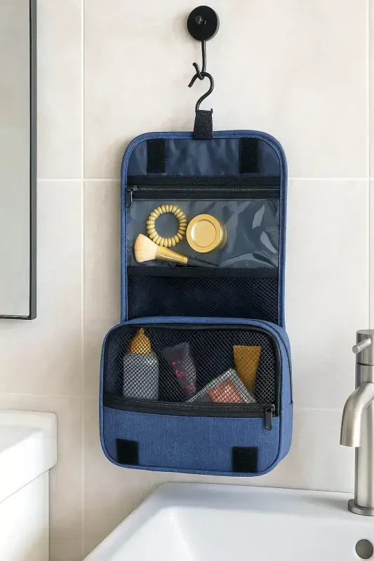 Косметичка для путешествий темно-синего цвета с металлическим крючком Портативная большая косметичка Косметичка - 3