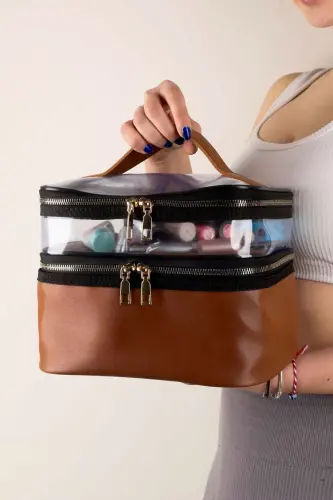 Косметичка для женщин из коричневой кожи с прозрачным практичным стильным дизайном с двумя отделениями и молнией, органайзер для косметики - 5