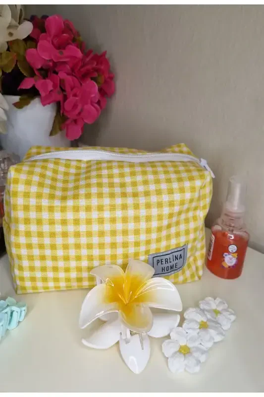 Косметичка Клетчатая Желтый_Большой Размер-желтый - PERLINA HOME