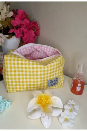 Косметичка Клетчатая Желтый_Большой Размер-желтый - PERLINA HOME (1)