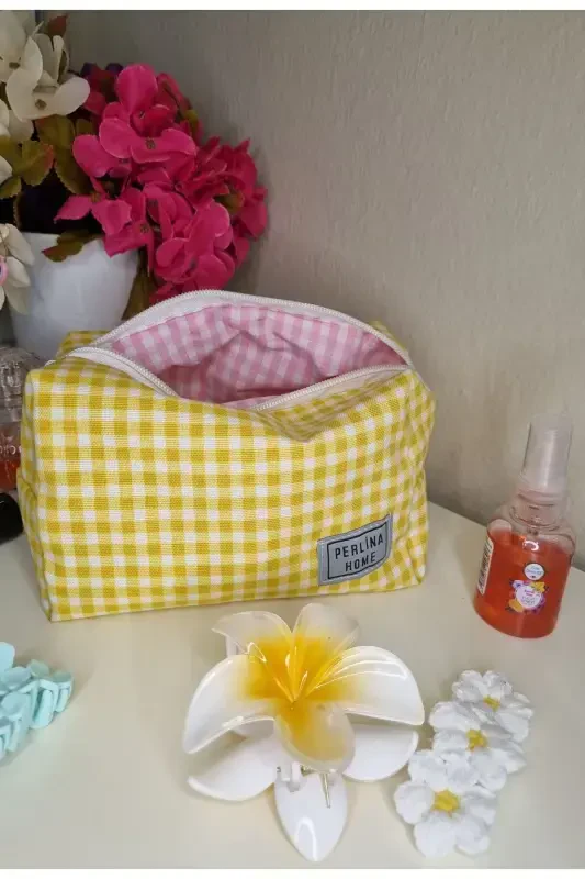 Косметичка Клетчатая Желтый_Большой Размер-желтый - 2