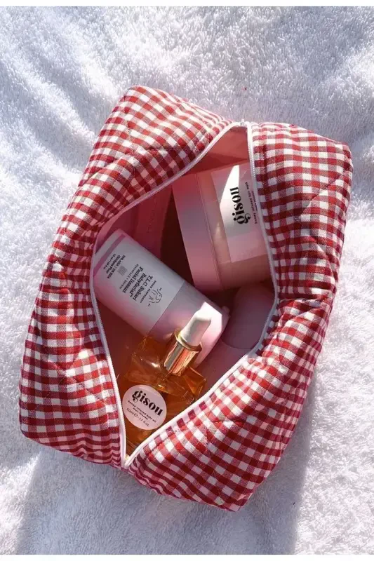 Косметичка Стеганая Ткань Клетчатая Красная _Большой Размер-стеганая красная - 1