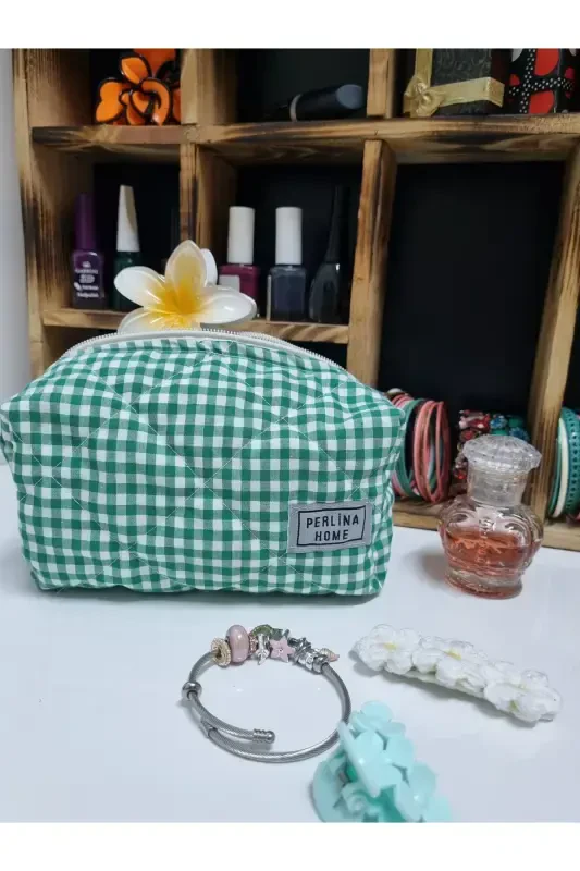 Косметичка Стеганая Ткань Клетчатая Зеленая _Большой Размер-стеганый зеленый - 2