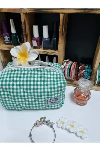 Косметичка Стеганая Ткань Клетчатая Зеленая _Большой Размер-стеганый зеленый - 3