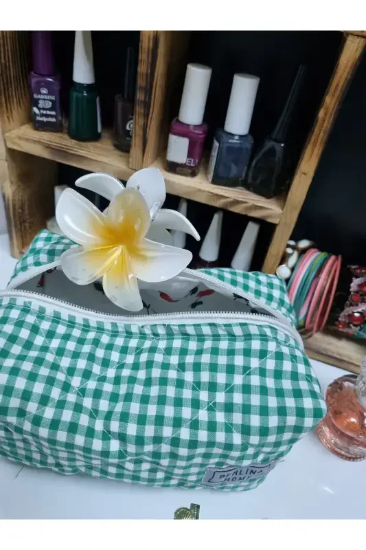 Косметичка Стеганая Ткань Клетчатая Зеленая _Большой Размер-стеганый зеленый - 4