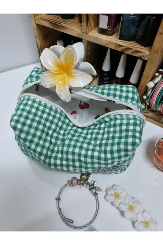 Косметичка Стеганая Ткань Клетчатая Зеленая _Большой Размер-стеганый зеленый - 6