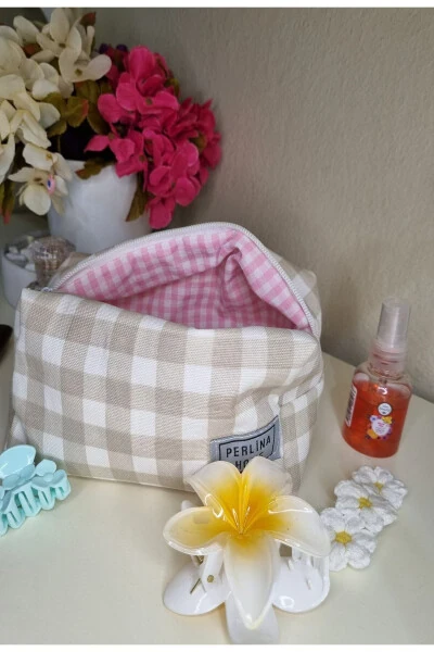 Косметичка в клетку бежевая _Большая - PERLINA HOME (1)