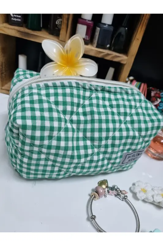 Kosmetik sumkasi Kapitonlangan mato Shaxmatli yashil _Katta o'lchamli-kapitonlangan yashil - 6
