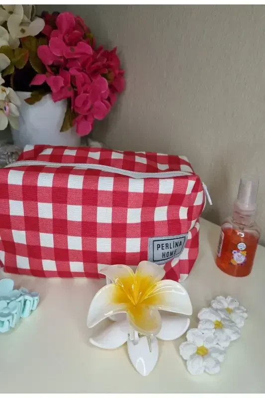 Kosmetik sumkasi katakli qizil _Katta o'lchamli-qizilkatta - PERLINA HOME