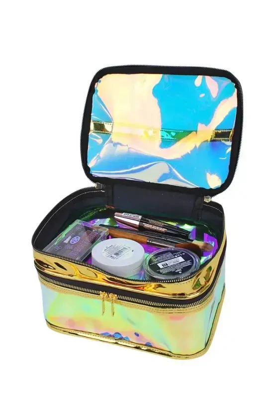Kosmetik sumkasi Sayohat uchun kosmetik sumkasi Oltin rangli shaffof bo'linmali - 2 bo'linmali FUNKSIONAL ORGANAYZER - Sariq - WOYS BAGS