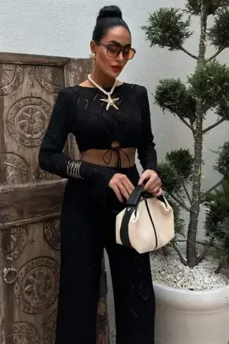 Костюм: ажурная блузка с деталями на груди и брюки 10098 - BÜYÜKBEDENIZ (1)