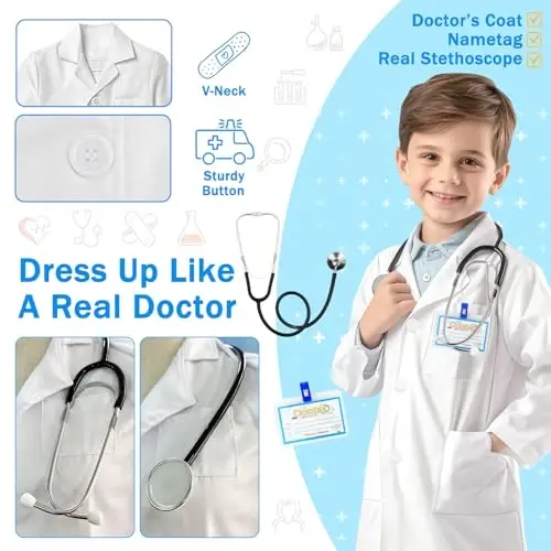 Костюм лабораторного халата RioRand Kids' Doctor с аксессуарами, ролевая игра для мальчиков и девочек, набор медсестры, возраст 3-12 лет - RIORAND (1)