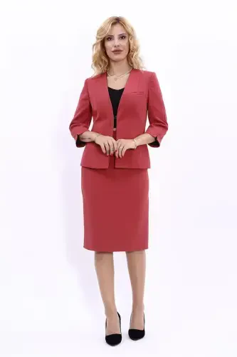Костюм с коротким жакетом с V-образным вырезом и юбкой-карандаш - терракотовый - 1