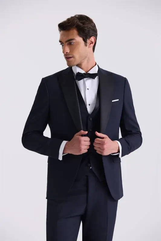 Костюм смокинг темно-синего цвета, Slim Fit, остроконечный лацкан, жилет - 1