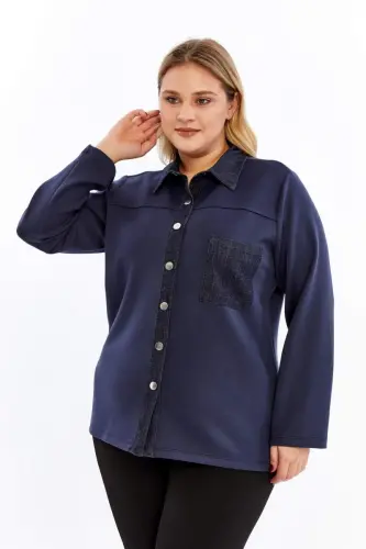 Kot Garnili Büyük Beden Ceket Lacivert=>Denim Trim Plus Size Jacket Navy Blue - BÜYÜKBEDENIZ (1)