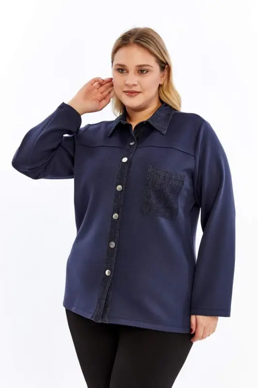Kot Garnili Büyük Beden Ceket Lacivert=>Denim Trim Plus Size Jacket Navy Blue - 2
