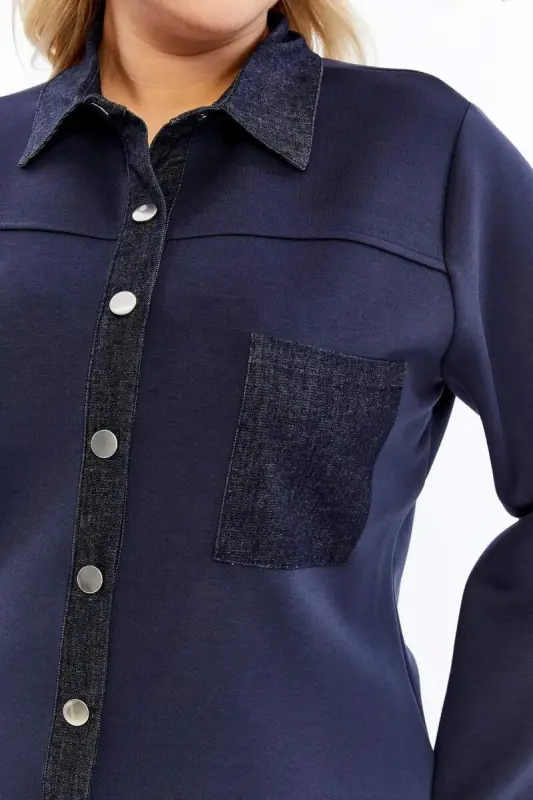 Kot Garnili Büyük Beden Ceket Lacivert=>Denim Trim Plus Size Jacket Navy Blue - 3