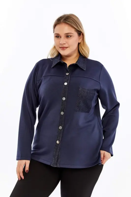 Kot Garnili Büyük Beden Ceket Lacivert=>Denim Trim Plus Size Jacket Navy Blue - 4