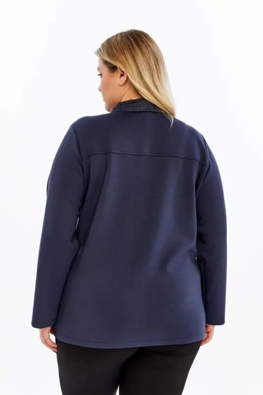 Kot Garnili Büyük Beden Ceket Lacivert=>Denim Trim Plus Size Jacket Navy Blue - 5