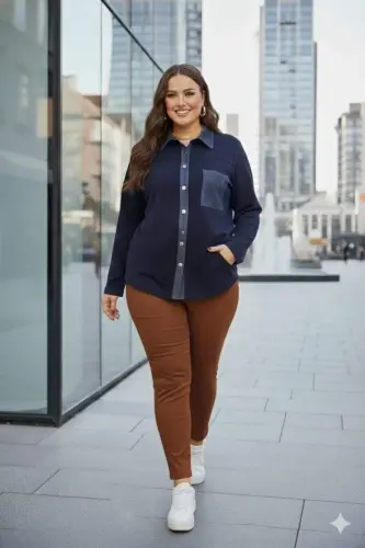 Kot Garnili Büyük Beden Ceket Lacivert=>Denim Trim Plus Size Jacket Navy Blue - 6