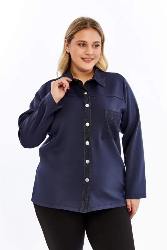 Kot Garnili Büyük Beden Ceket Lacivert=>Denim Trim Plus Size Jacket Navy Blue - BÜYÜKBEDENIZ