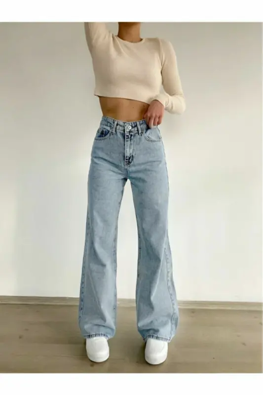 Kota Mavi Qor Yuvish Power Likrali Super Yuqori Bel Salaş Paça Jean Palazzo-mavi000 - 1