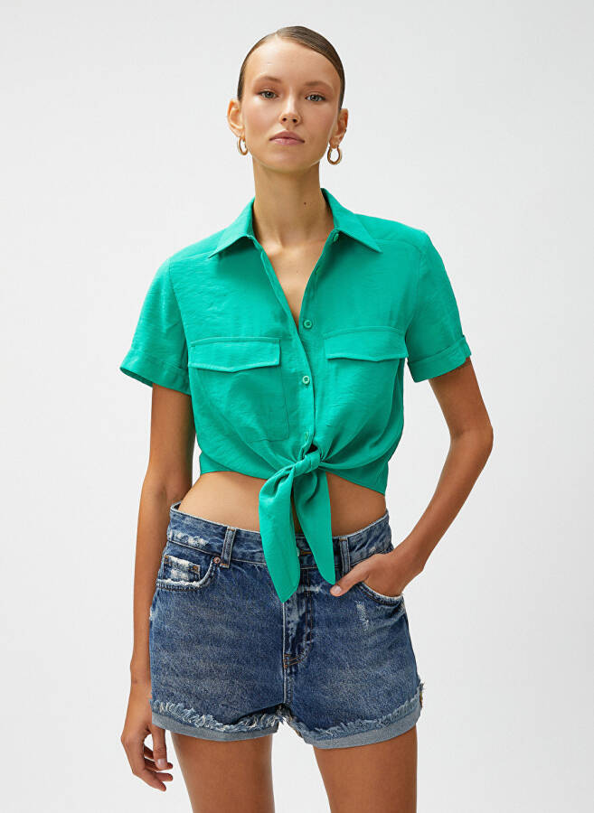 Koton Standard Collar Plain Green Women's Shirt - 3