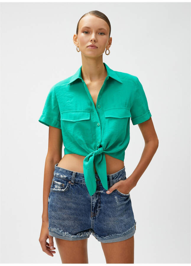 Koton Standard Collar Plain Green Women's Shirt - 10