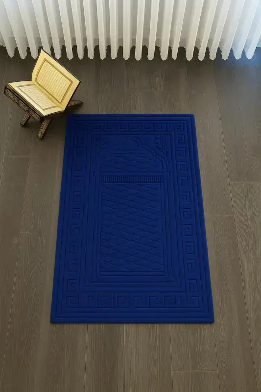 Коврик для молитвы Бархатный Нескользящий Рельефный Вышитый Специальная Мягкая Подошва 100% Хлопок-Темно-синий - MIABELLA HOME