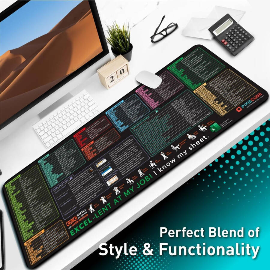Коврик для мыши с клавишами быстрого доступа Excel - Расширенный большой коврик для мыши XL Cheat Sheet | Коврик для клавиатуры для офисных электронных таблиц для ПК | Противоскользящий край с прострочкой (31,5x11,8 дюймов) - 10