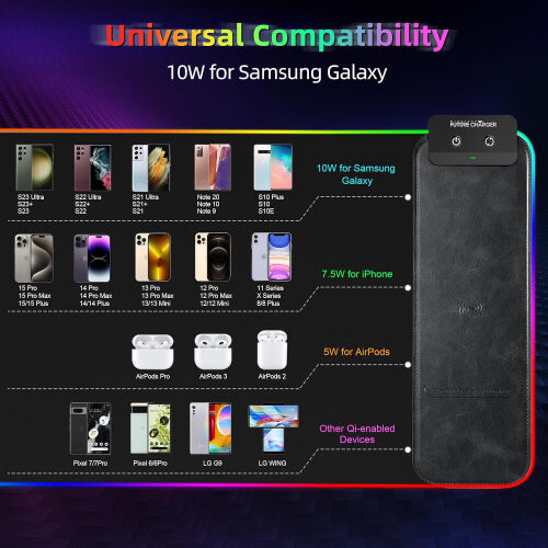 Коврик для стола Miroddi RGB с беспроводной зарядкой | [9 режимов освещения] Большой коврик для мыши с нескользящим резиновым основанием для игр и домашнего офиса - 4