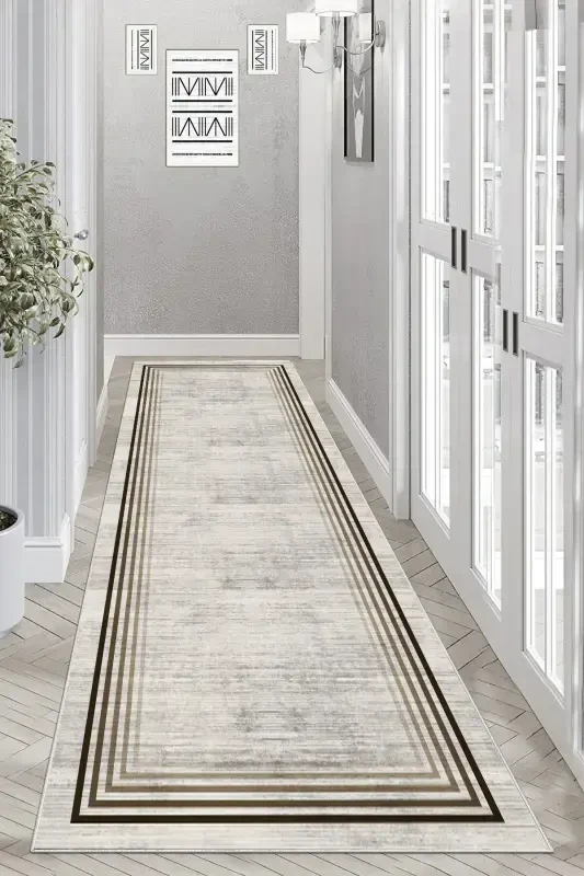 Ковровая дорожка с принтом, моющаяся, с нескользящим основанием-бежевый - 4