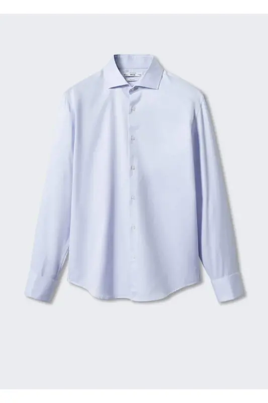 Ko'ylak Qisma Tugmalari Slim Fit Dimi Mato Ko'ylak-Moviy - 3