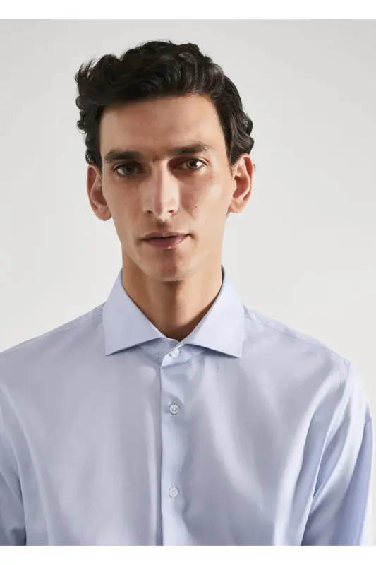 Ko'ylak Qisma Tugmalari Slim Fit Dimi Mato Ko'ylak-Moviy - 8