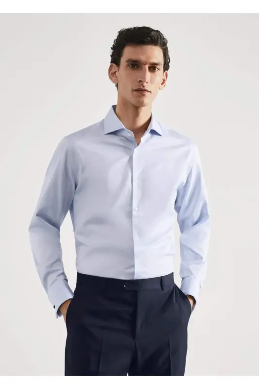 Ko'ylak Qisma Tugmalari Slim Fit Dimi Mato Ko'ylak-Moviy - MANGO MAN
