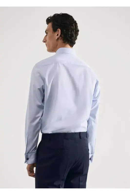 Ko'ylak Qisma Tugmalari Slim Fit Dimi Mato Ko'ylak-Moviy - 4