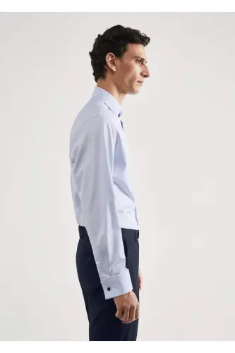 Ko'ylak Qisma Tugmalari Slim Fit Dimi Mato Ko'ylak-Moviy - 6