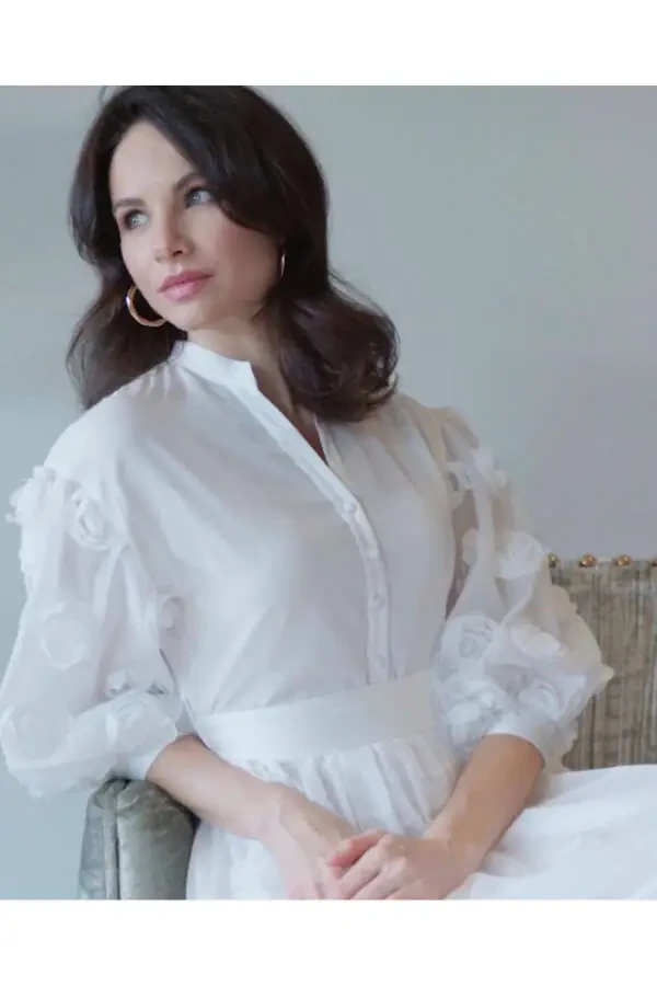 Ko'ylak Yaka 3d Gul Tafsilotli Kamarbandli Uzun Ekru Ko'ylak 39861 - 2