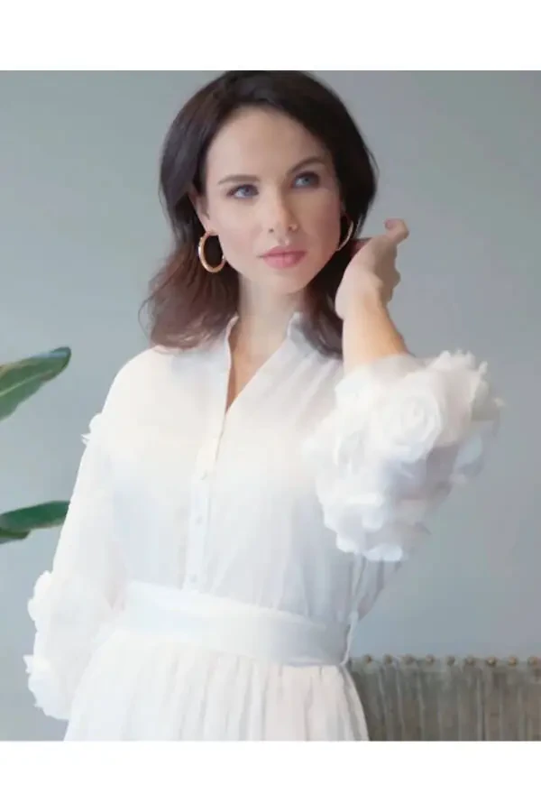 Ko'ylak Yaka 3d Gul Tafsilotli Kamarbandli Uzun Ekru Ko'ylak 39861 - 3