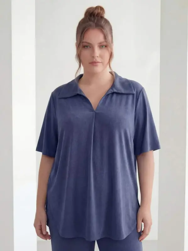 Ko‘ylak Yoqali Qisqa Yengli Katta O‘lchamli Past-Yuqori To‘plam To‘q Ko‘k - 2