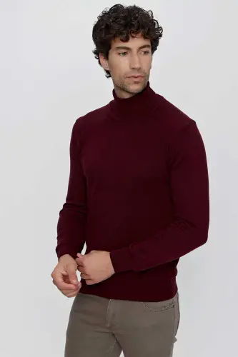 Koyu Bordo Basic Dinamik Fit Rahat Kesim Balıkçı Yaka Triko Kazak - 4