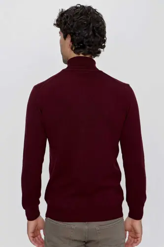Koyu Bordo Basic Dinamik Fit Rahat Kesim Balıkçı Yaka Triko Kazak - 7